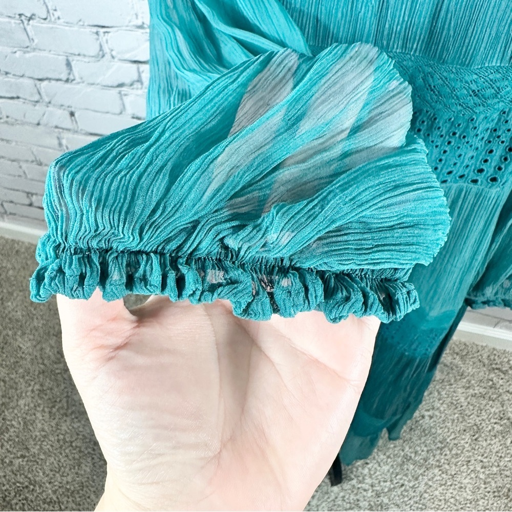 Sundance Adore Moi Long Sleeve Midi Dress Medium Pacific Teal Tiered Sheer Boho - Picture 7 of 12
